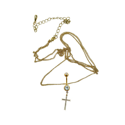 Belly Chain Button Navel Ring Surgical Steel Gold Plated Waist Belly Chain with Dangle Paved Cross Charm 14 Gauge