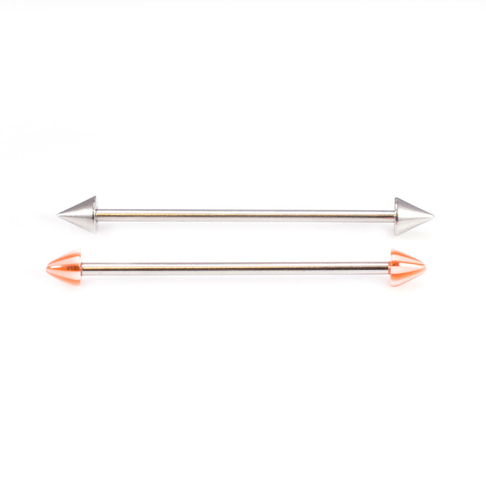 Industrial Barbell Pair One Surgical Steel and One with Acrylic Stripe Spike End