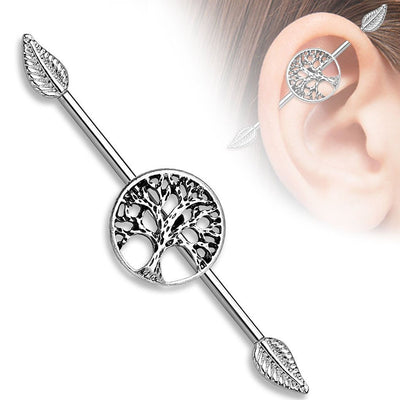 Pair of Industrial Piercing Barbells - Tree of Life and Steampunk Style Bars