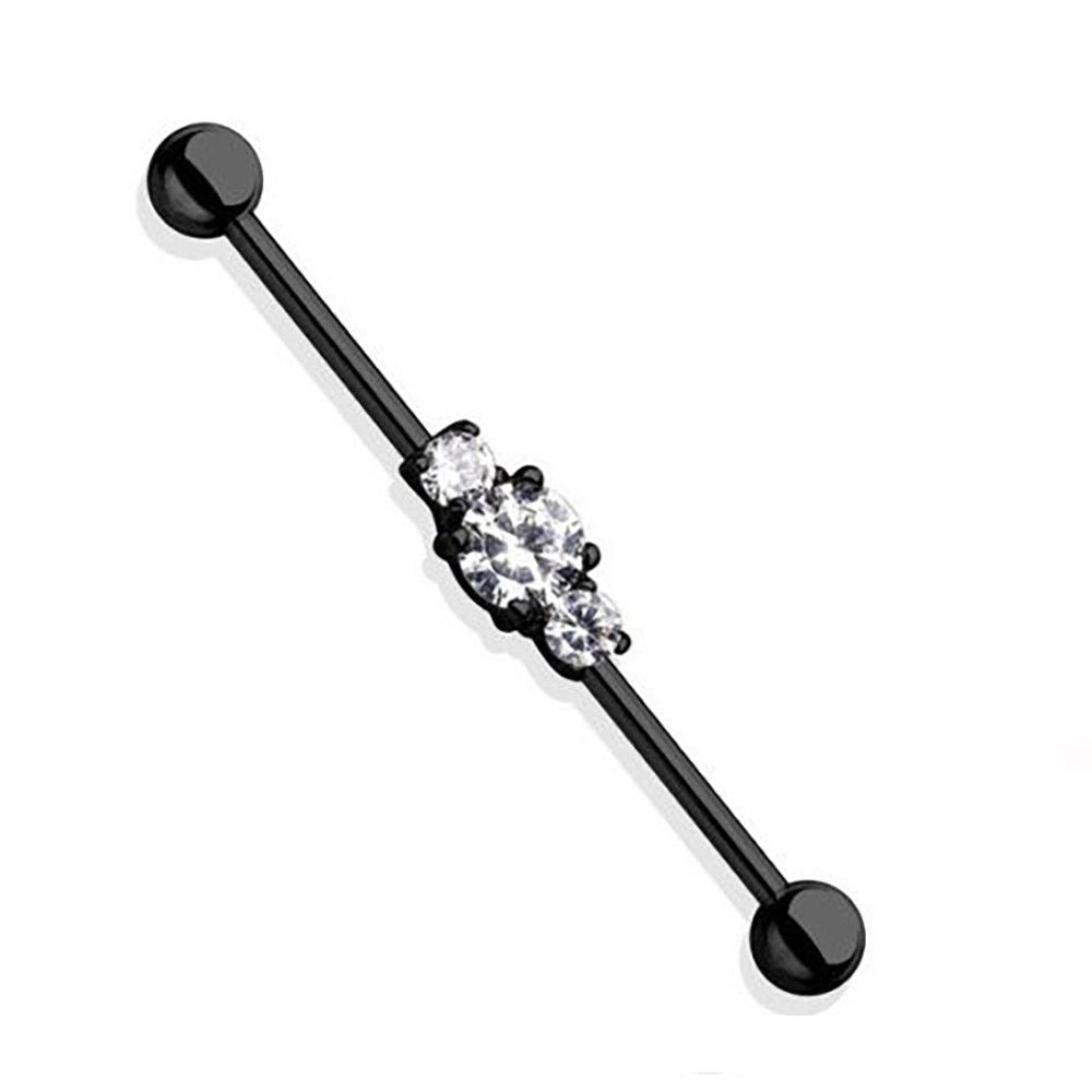 Industrial Barbell Three Clear Jewel CZ IP 316L Surgical Steel Piercing 14G 36mm