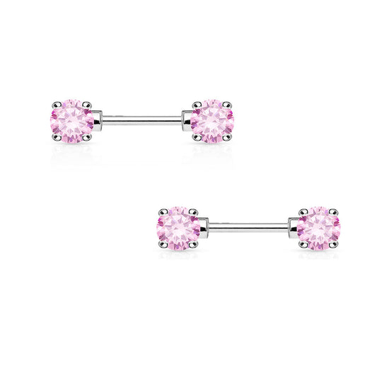 Pair of Nipple Barbells 14G Surgical Steel with Round Prong Set CZ Gems