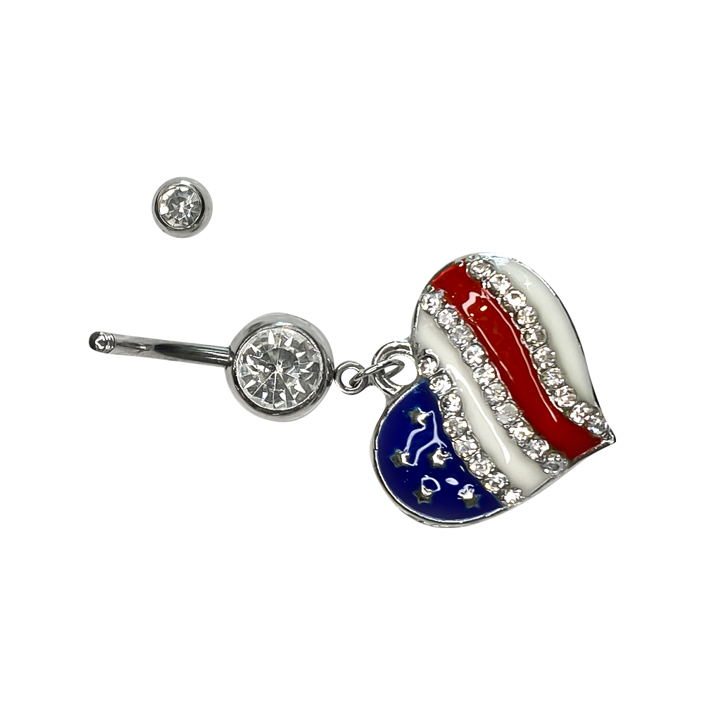 Belly Button Navel Ring Surgical Steel with Dangle Heart American Flag with jewels
