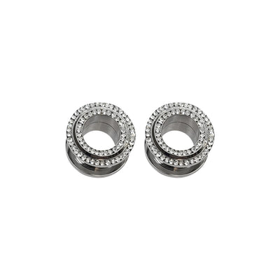 Pair of Screw Fit Ear Plugs Gauges with Double Row of Clear CZ Jewels