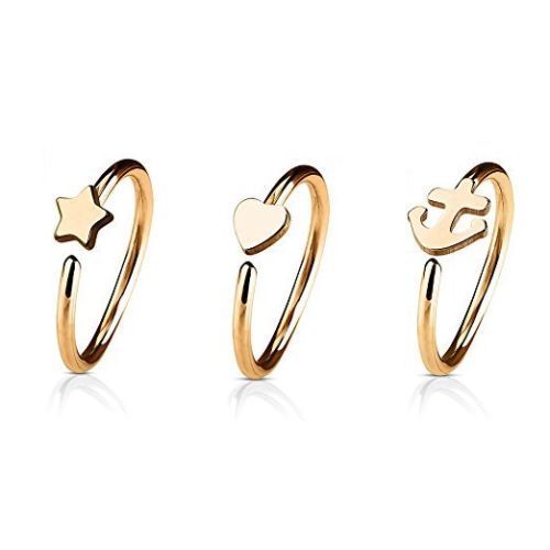 Nose Ring 20G 3-Pack Heart Anchor & Star Hoop Rings Cartilage Piercing Jewelry