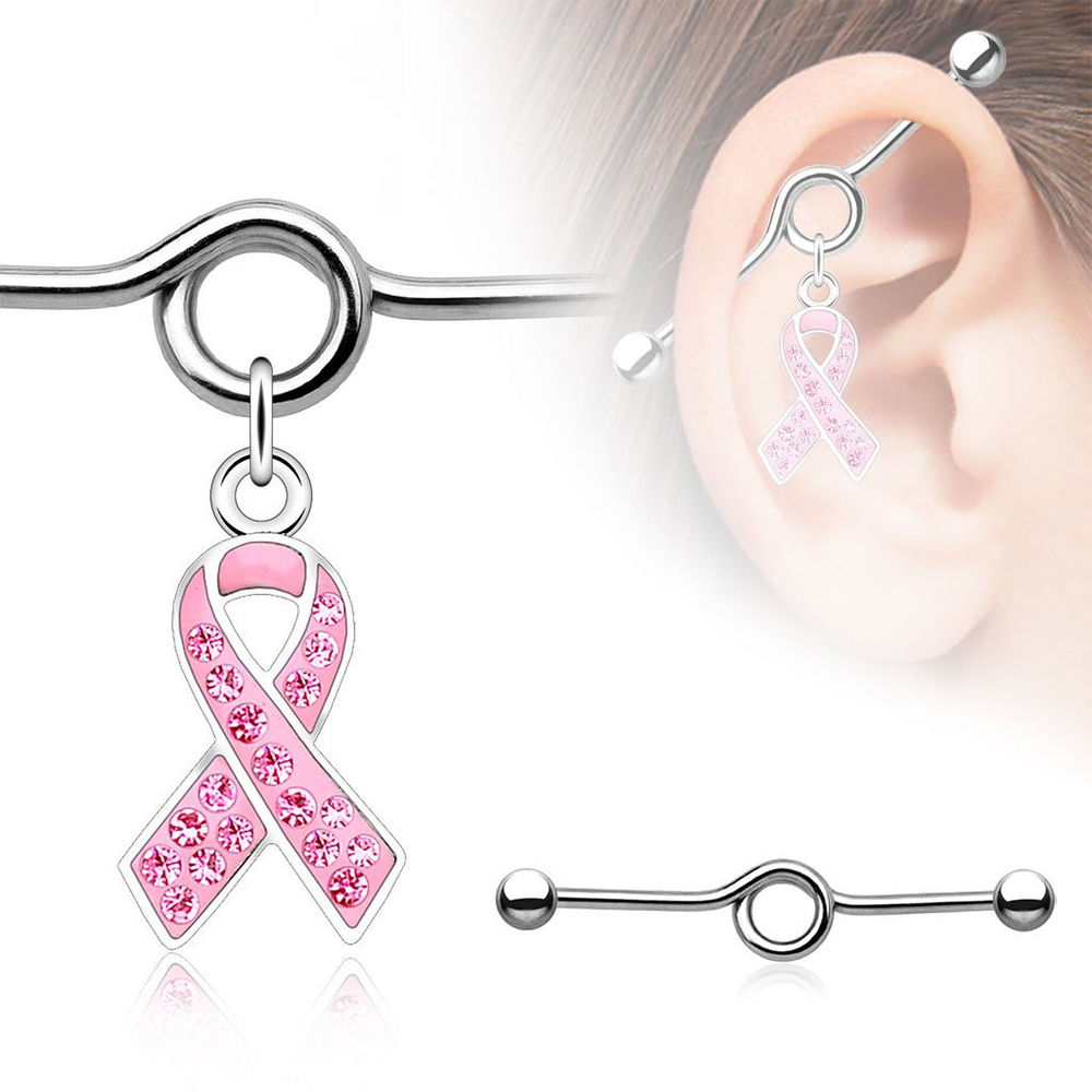 Industrial Piercing Barbell with Gem Paved Pink Awareness Ribbon Charm Dangle
