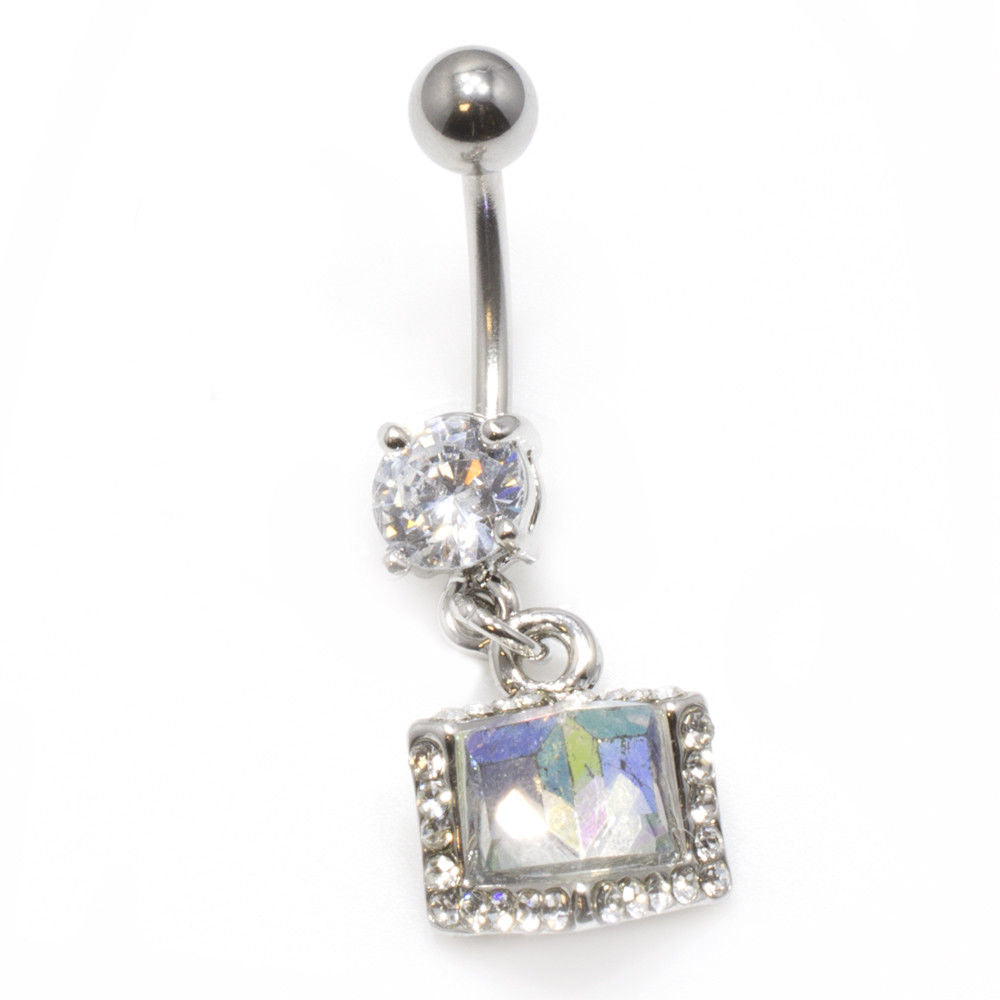 CZ Belly Ring Dangle - Prong-Set CZ and AB Crystal Cube Dangle - 14ga 316L Steel