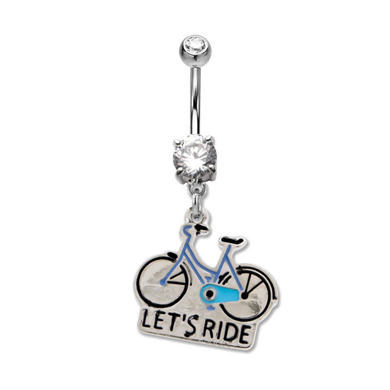 14ga Belly Ring Bicycle Dangle with Clear Prong Set CZ Gem 316L Surgical Steel