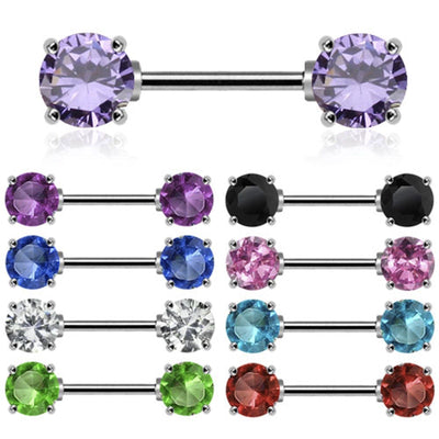 Pair of Double Round Gem Nipple Ring Barbells 14 Gauge - 1/2"