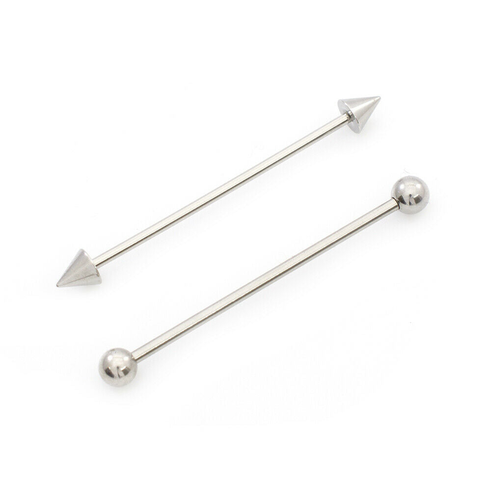 Pair of Industrial / straight Barbell 14g spike and ball design Surgical Steel