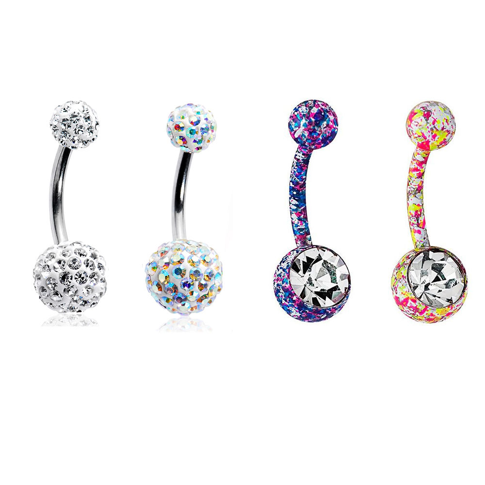 Belly Rings 14G Unique Design Surgical Steel CZ Gems - 4 Pack