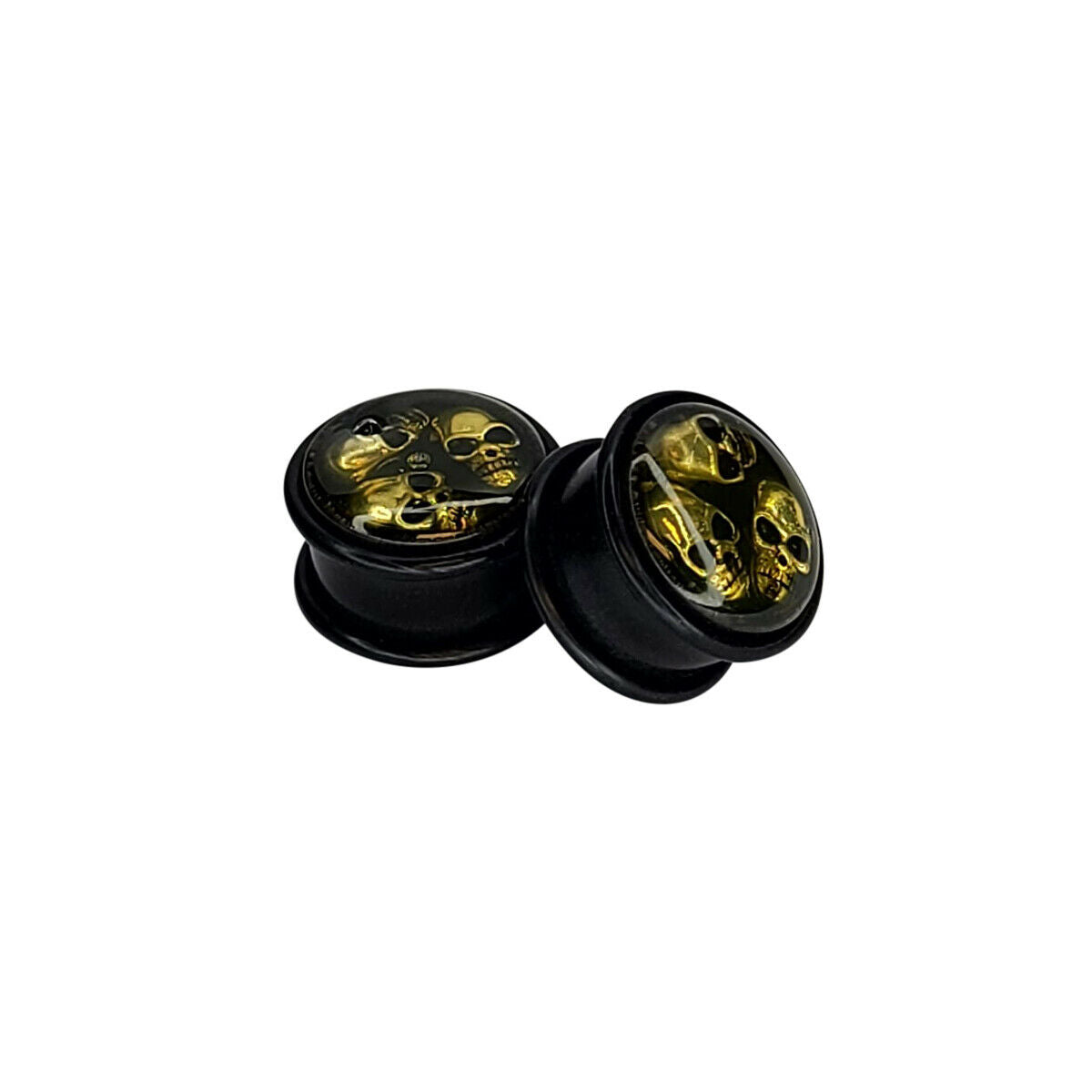 Pair of Acrylic Ear Plugs O-ring Triple Antique Gold Skull Design 16mm 5/8"