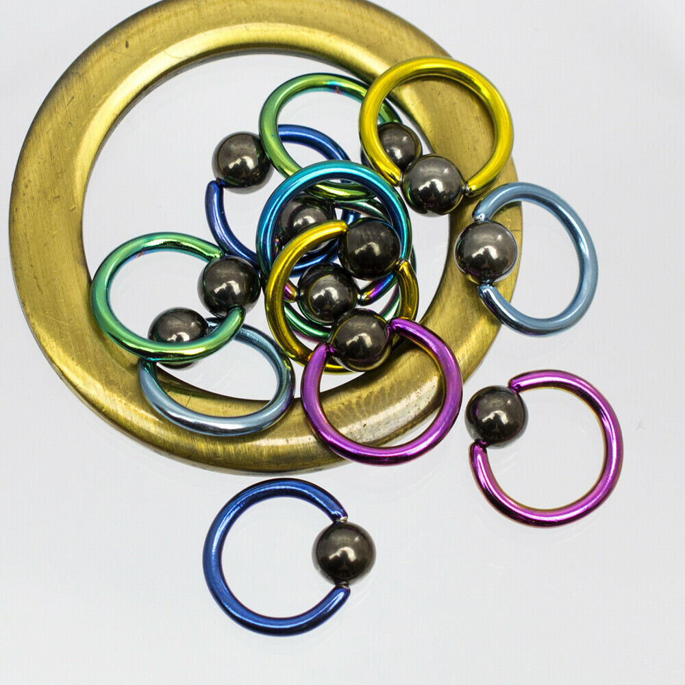 Captive Ring Pack of 12 Colorful Anodized Titanium with Hematite Ball 14g