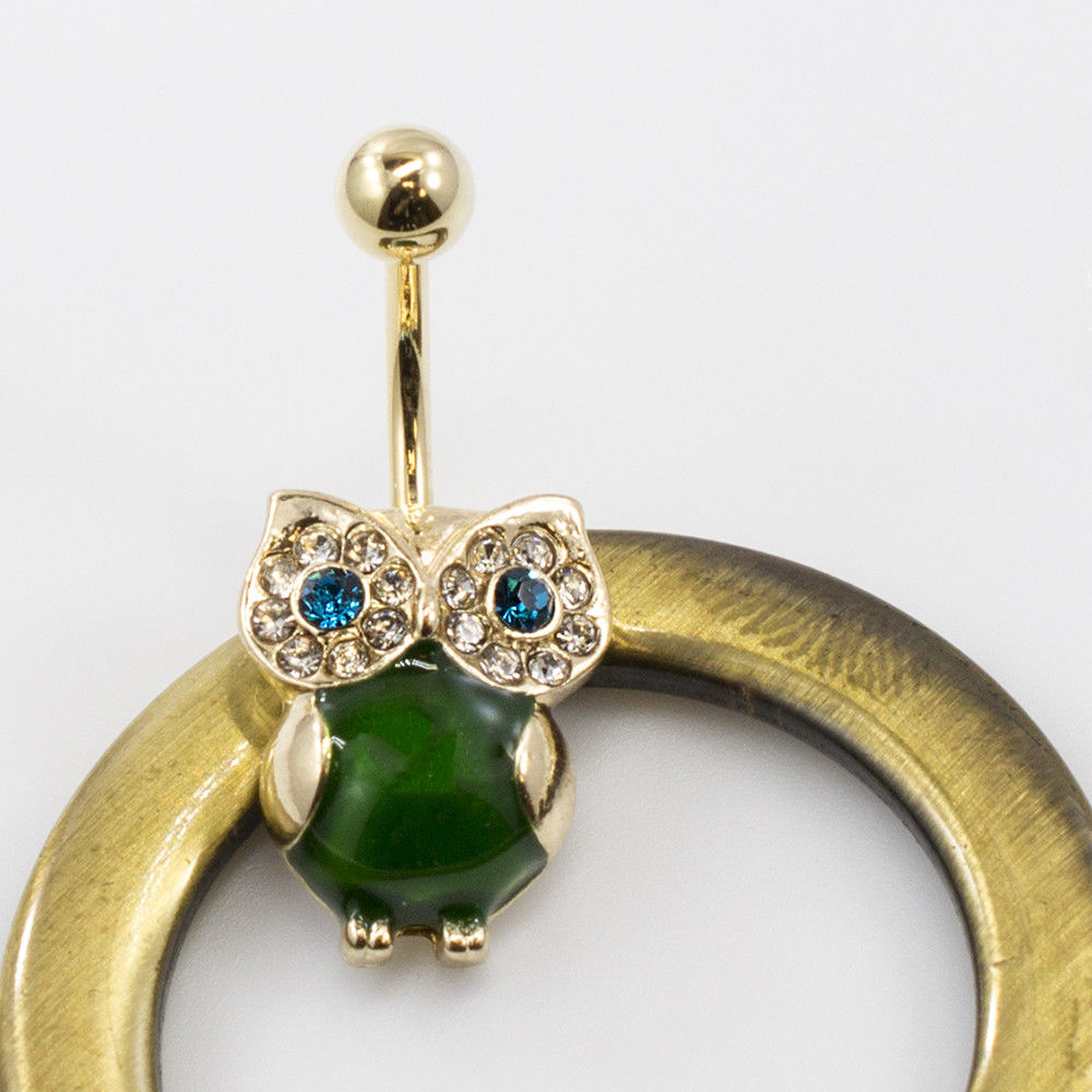 Button Ring with  Owl Design Large Precious Stone and CZ Gems 14ga