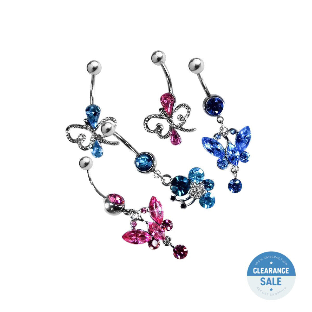 5 Pack of Fancy CZ Gem Belly Navel Ring Butterfly Design 14g Surgical Steel