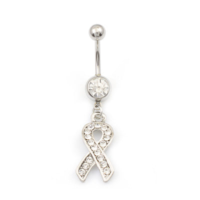 Belly Button Ring with Cancer Awareness dangle featured with Multiple CZ Stones