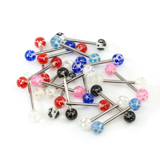 Straight Barbell Pack 10 Pairs Different Designs with Acrylic Ball 14g S.Steel