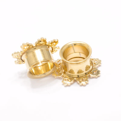 Pair of 14K Gold Plated Ear Piercing Tunnels Tribal Hearts Filigree Design