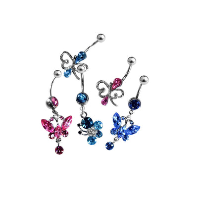 5 Pack of Fancy CZ Gem Belly Navel Ring Butterfly Design 14g Surgical Steel