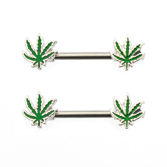 Nipple Barbells with Forward Facing Pot Leaf Design 14ga Sold as a Pair Surgical