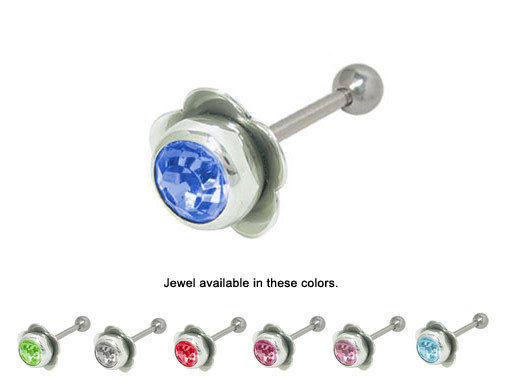 Tongue Ring Barbell Flower with CZ Jewel BodyJewelryOnline