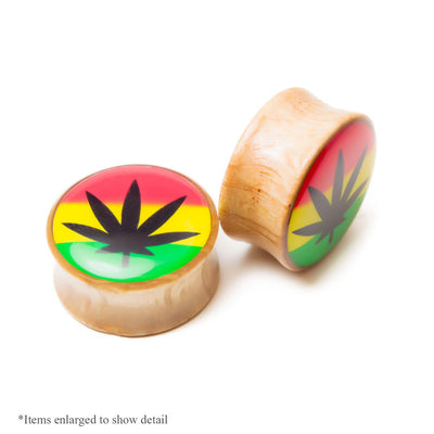 Pair of Jamaican Rasta Pot Leaf Wood Ear Plugs - Clear Epoxy Coated - 6G - 1/2"