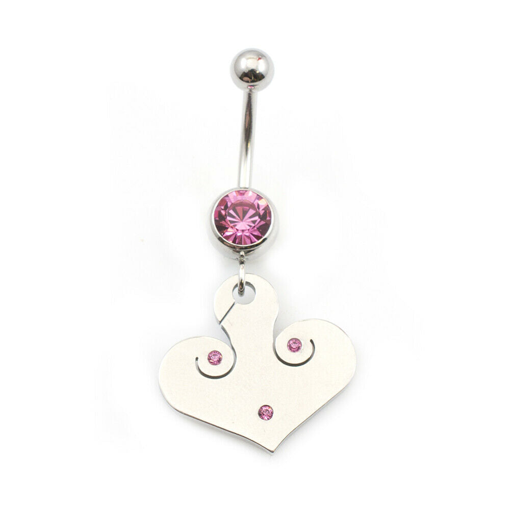 Belly Button Ring with Heart Dangle and Cubic Zirconia Stone 14g