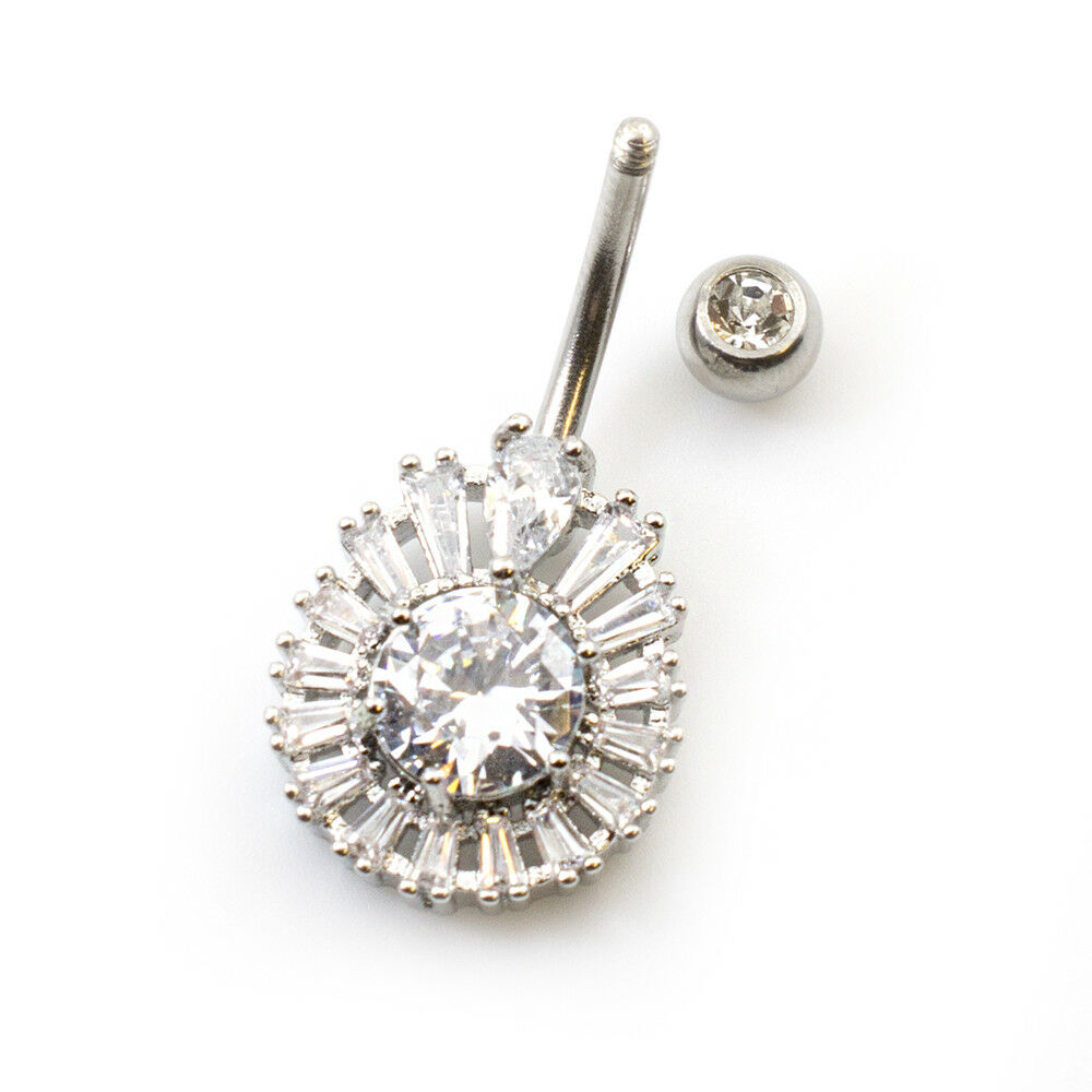 Belly Button ring with Tear Drop Design and Multiple Cz Gems 14g