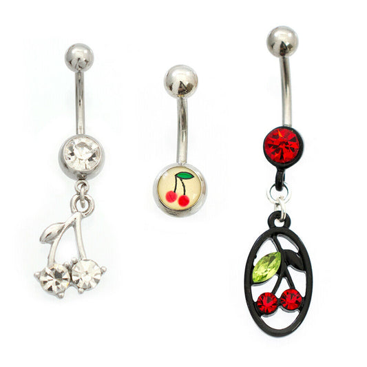 Navel Ring Pack of 3 with Cherry and Cubic Zirconia Design 14g