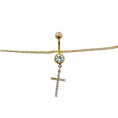 Belly Chain Button Navel Ring Surgical Steel Gold Plated Waist Belly Chain with Dangle Paved Cross Charm 14 Gauge