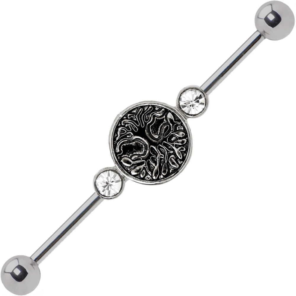 Industrial Barbell 14G Cartilage with Black CZ Tree of Life Charm + Extra Bars