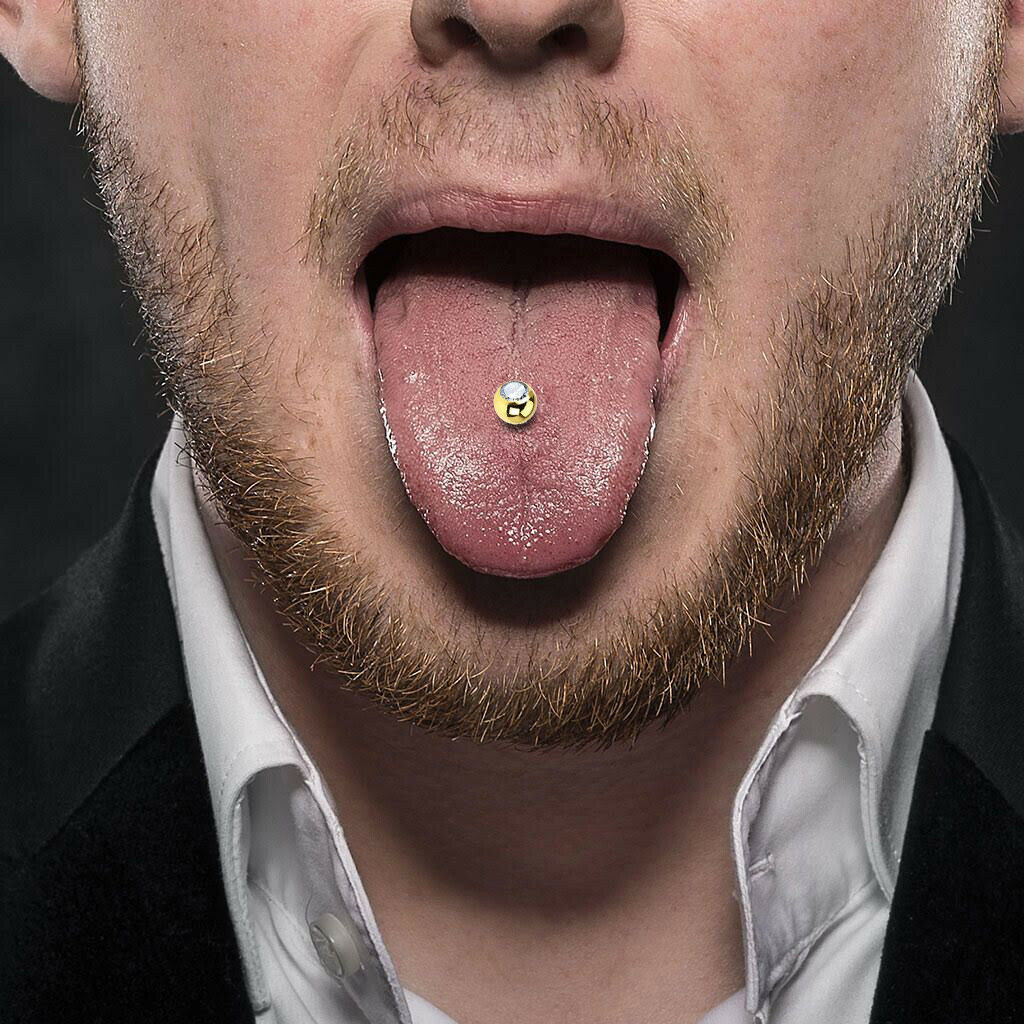 (14g ) Barbell Tongue Ring Anodized Gold Titanium with Jewel