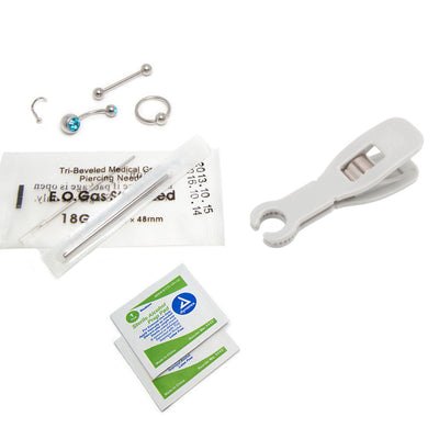 9-Piece Body Piercing Kit - Belly Button, Tongue, Nipple, Lip, Nose 14ga & 18ga