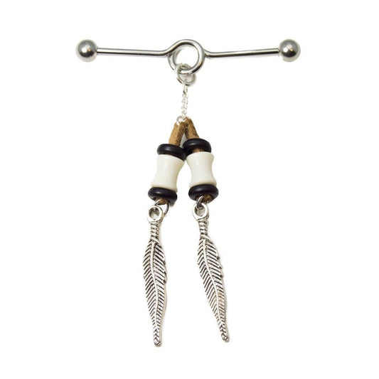 Industrial Piercing Barbell 14G with Rhodium Plated Feathers Dangle