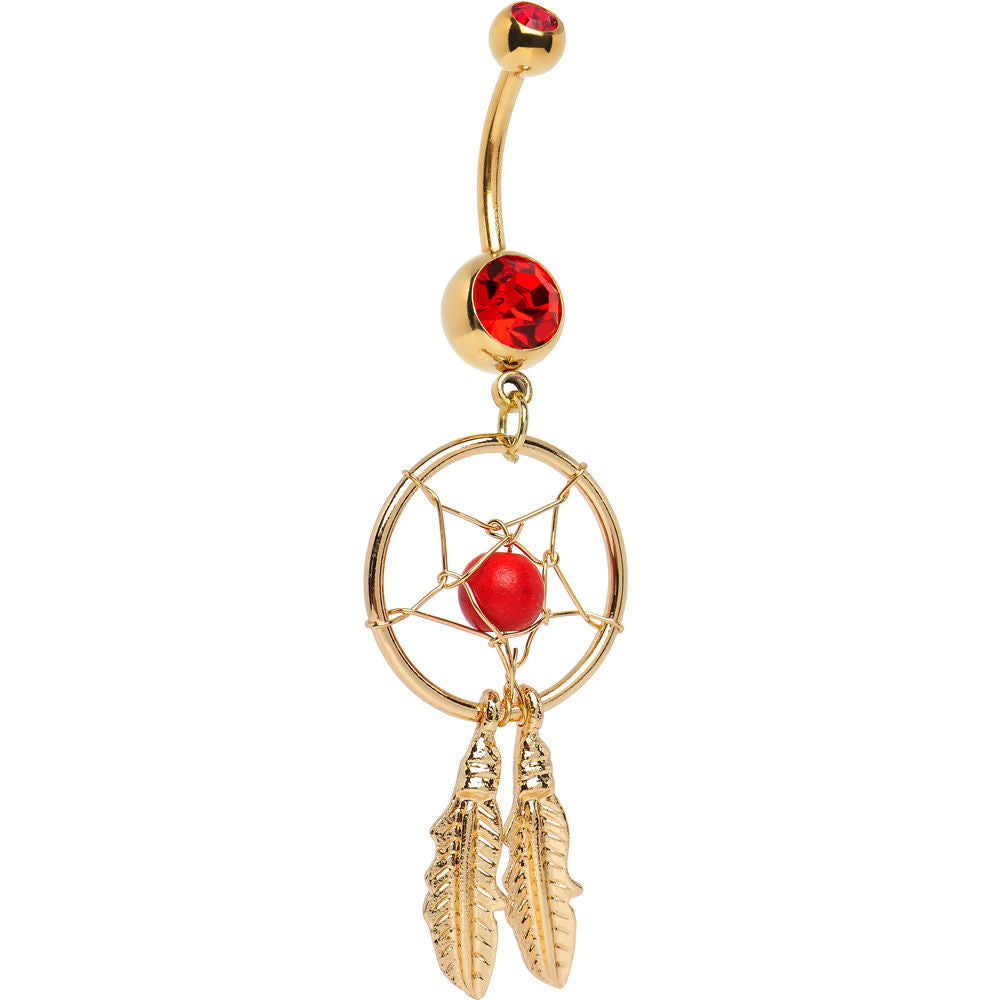 Dream Catcher Belly Ring Dangle Gold I.P. 14ga 316L Surgical Steel