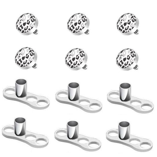 6 Tops and 6 Bases Dermal Anchor Surgical Steel Black and White Leopard Design