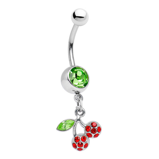 Cherry Dangle Belly Ring with Green and Ruby CZ Gems