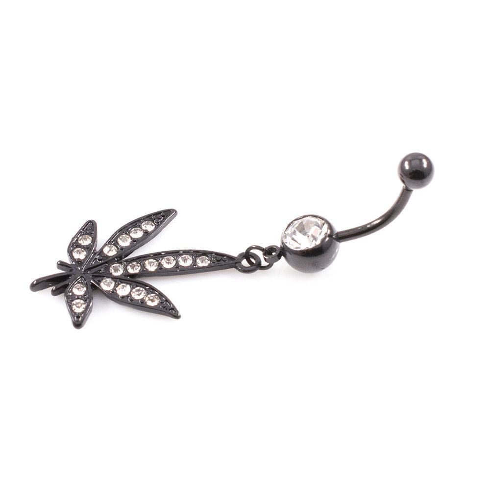 Belly Ring Pot leaf Black Anodized Dangle Design with Cubic Zirconia Jewels