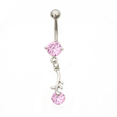 Belly Button Ring with Dangling Cubic Zirconia Leaf 14 Gauge Surgical Steel