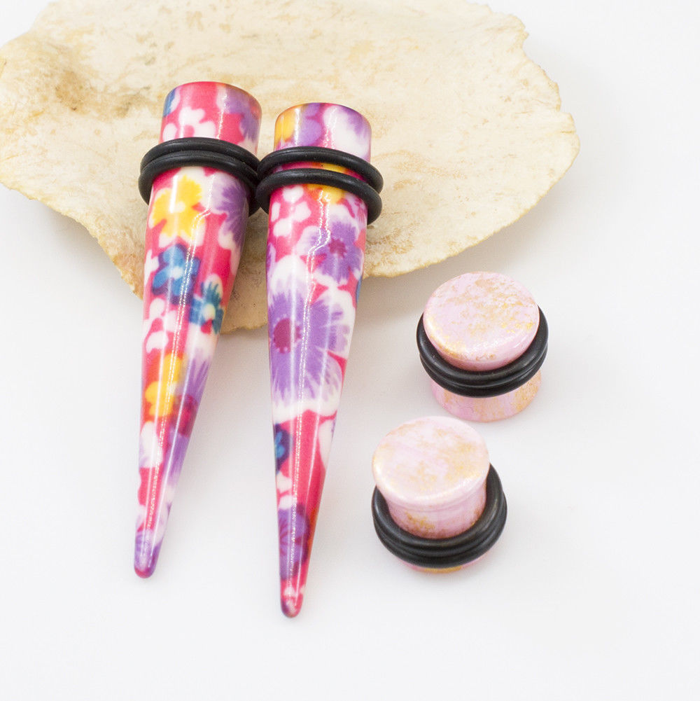 Ear Plugs with Tapers Stretching kit Colorful Flower Design with O rings