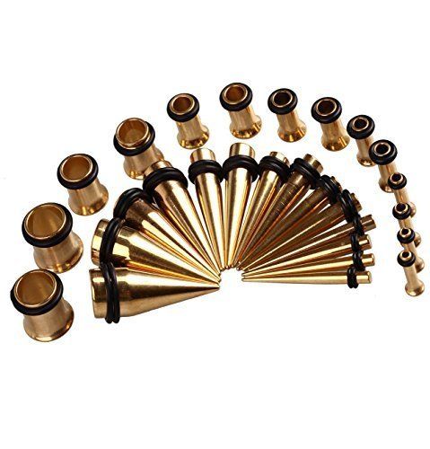 28pc. Set Gold Ear Stretching Kit Plugs & Tapers Ion plated Gauges 12G - 0G