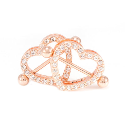 Pair of Heart Nipple Shield Ring 14G  Rose Gold I.P.  Barbell with CZ Gems