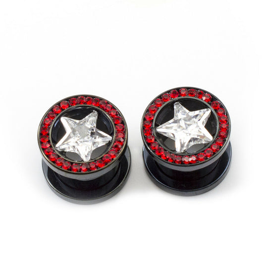 Pair of Ear Plugs screw fit with a Clear Cz Star Shape and multiple small red ge