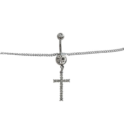 Belly Chain Navel Ring Surgical Steel Waist with Dangle Paved Cross Charm 14G