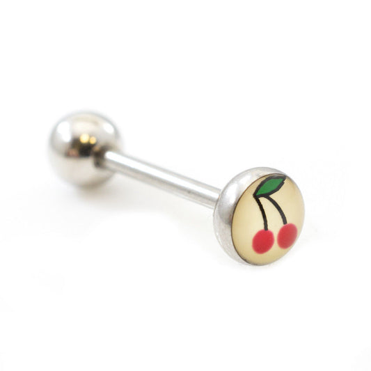 Tongue Barbell with small cherries design 14g