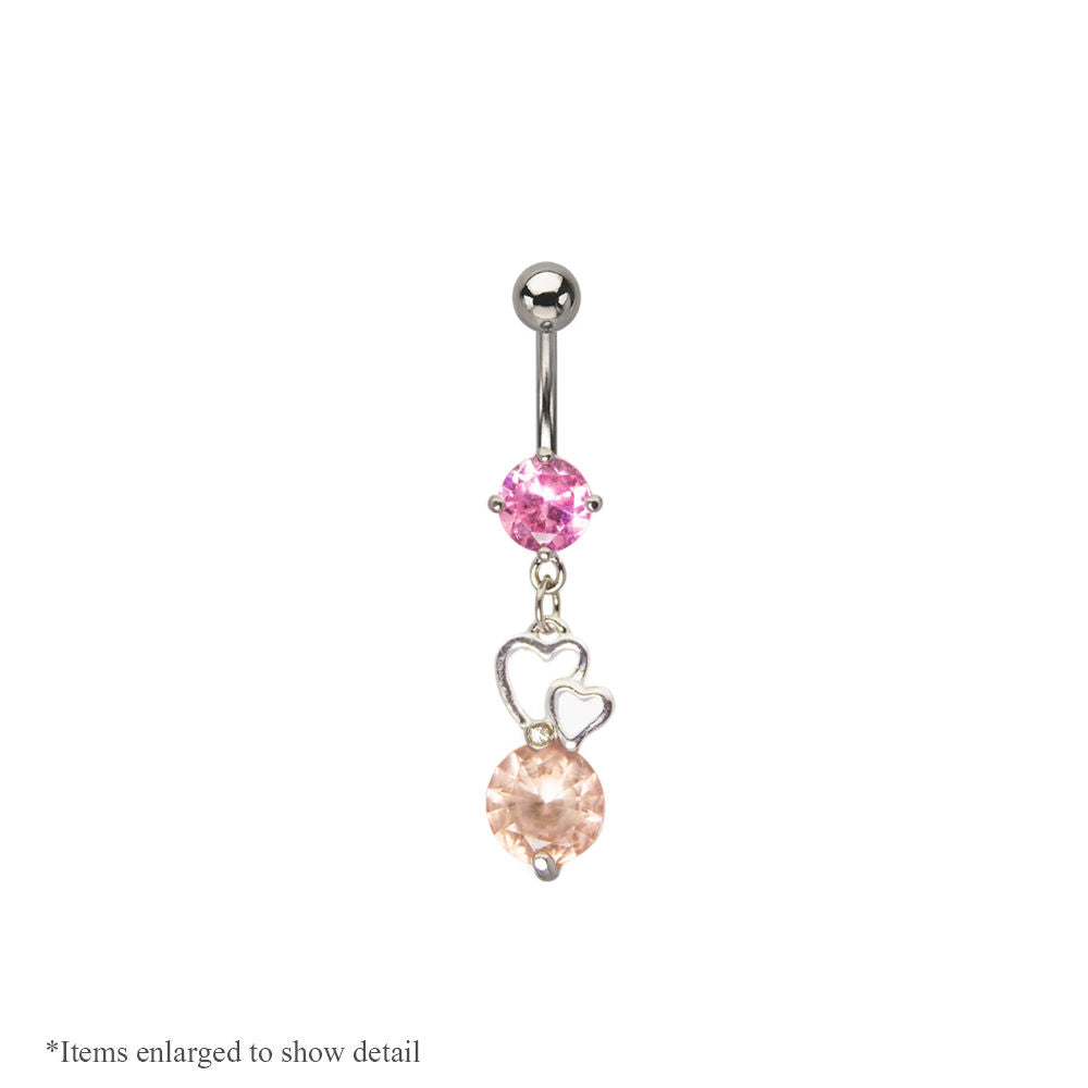 14 gauge Dangling Hearts Belly Navel Ring with Pink & Peach Cz Gems