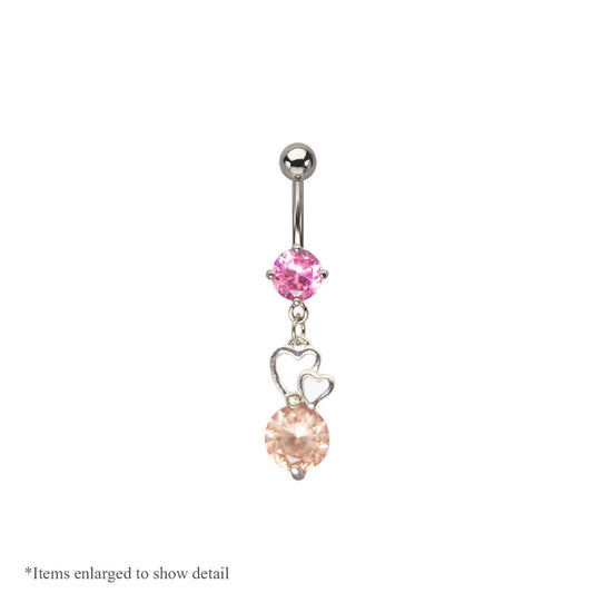 14 gauge Dangling Hearts Belly Navel Ring with Pink & Peach Cz Gems