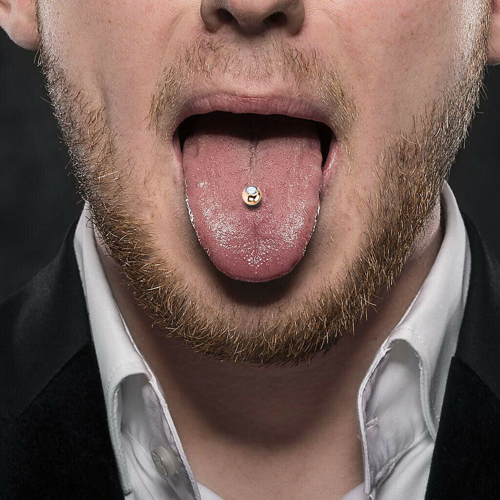 (14g ) Barbell Tongue Ring Anodized Rose Gold Titanium with Jewel