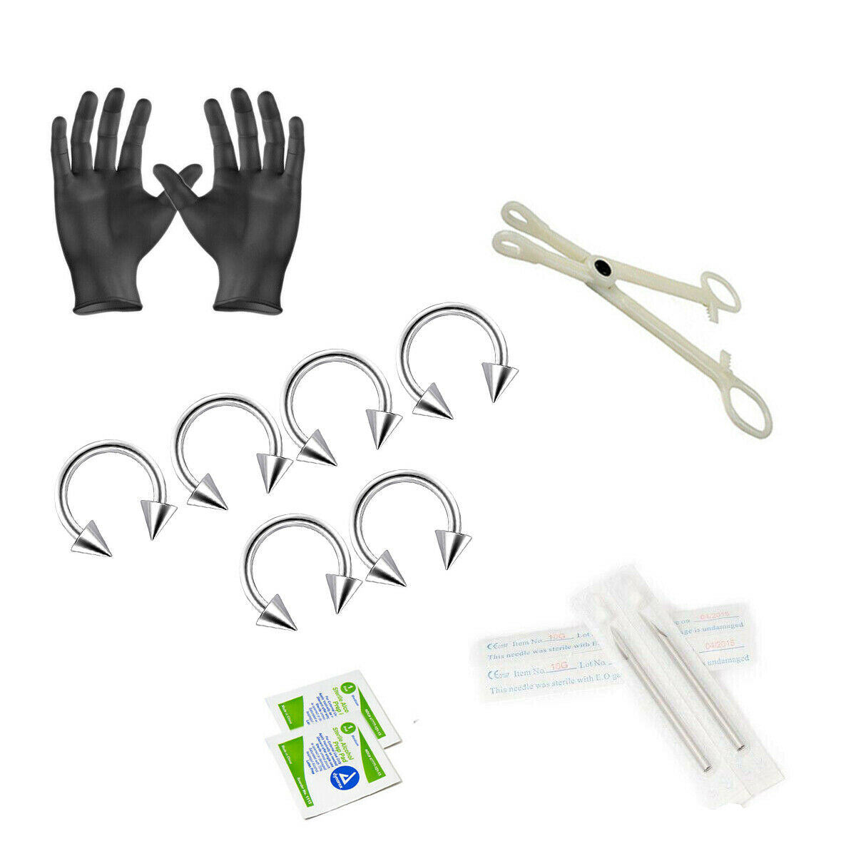 12-Piece Ear Piercing Kit - Includes (6) 14g Earrings, (2) Needles, (1) Forceps, (2) Alcohol Wipes and a Pair of Gloves