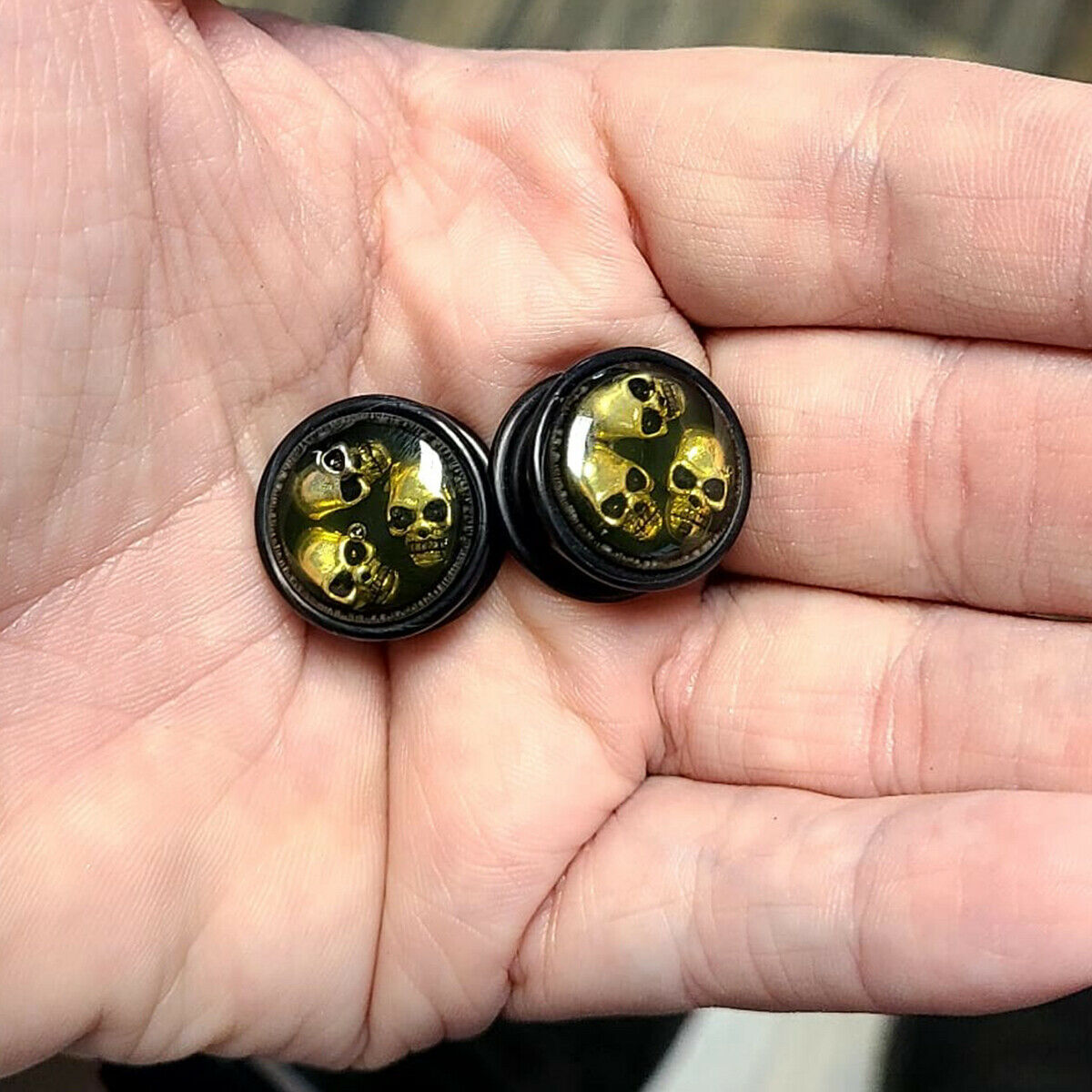 Pair of Acrylic Ear Plugs O-ring Triple Antique Gold Skull Design 16mm 5/8"