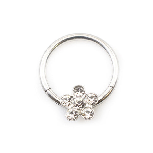 Hinged Stainless Steel Segment Hoop Ring with Flower Design and Cubic Zirconia G